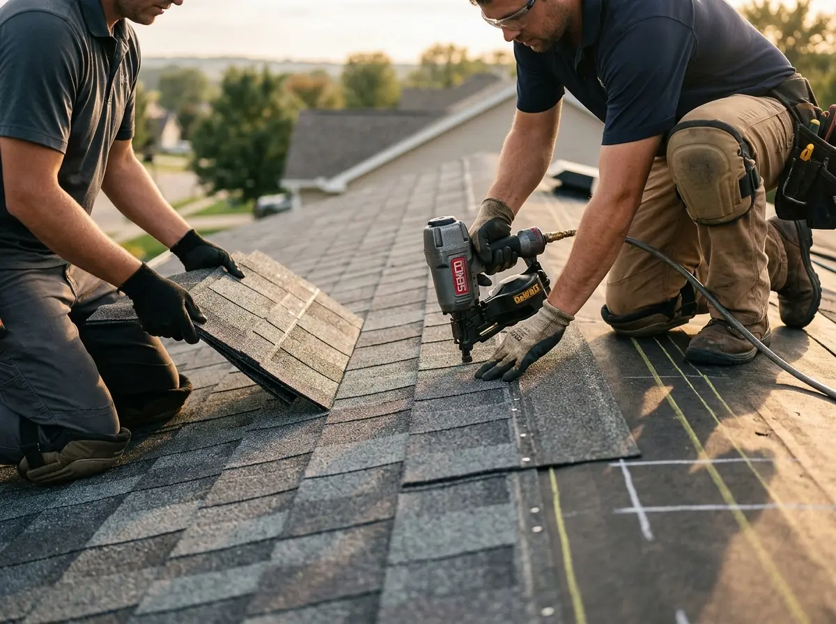 Professional roofer working on a residential roof in Bithlo